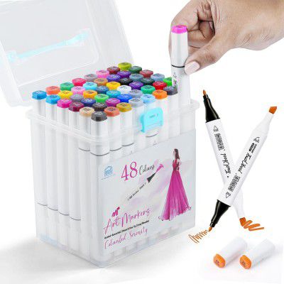 ABOUT SPACE Dual Tip Alcohol Markers-48 Colours With Sturdy Case For Sketching Calligraphy Drawing-Odorless Non-Toxic