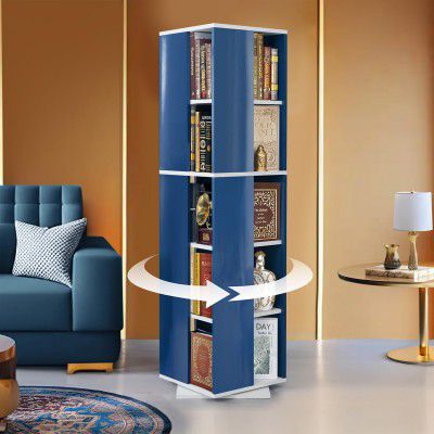 ABOUT SPACE Rotating Book Shelf for Home Library - 5 Tier 360° Book Rack | Semi UV Gloss Laminate DIY Engineered Wood Book Stand with Partition & Bottom Turnplate (Blue & White L 38 x B 38 x H 150 cm)