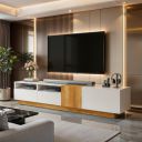 ABOUT SPACE TV Unit - Engineered Wooden TV Stand Table Cabinet with Drop Down Doors & 2 tier closed Compartment Cable Hole for WiFi Router Stand for Living Room (CM Oak& White- L180 x B40.5 x H43.5cm)...