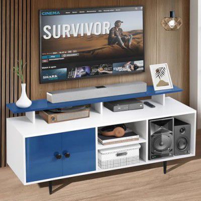 ABOUT SPACE TV Unit - Semi UV Gloss Laminate DIY TV Stand Table (Blue & White- L 140 x B 40 x H 64 cm)