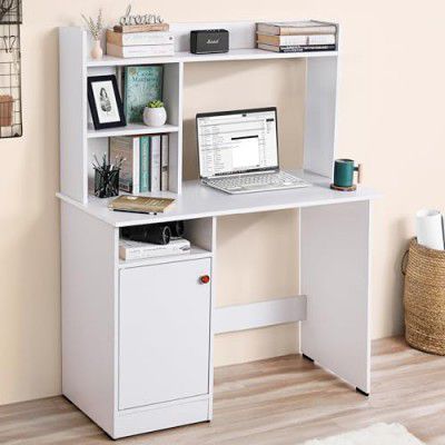 ABOUT SPACE Wooden Study Table with Hutch & Bottom Storage - Office Desk - Office Table (White - L 100 x B 50 x H 134 cm)
