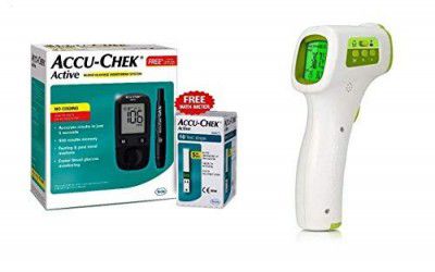 Accu-Chek Active Glucometer (Free 10 Strips) with Jziki Jzk-601 Non-Contact Medical Infrared Forehead Thermometer (Multicolor)