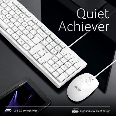 Acer OfficeMate Wired Keyboard Mouse Combo | 104 Keys Full Size Keyboard | 1200 DPI Optical Mouse I White
