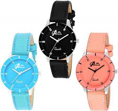 Acnos Analogue Womens Watch (Pack of 3) (Multicolored Dial Multicolored Colored Strap) (605-black-org-skyblue)