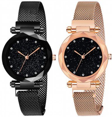 Acnos® Premium Black Round Diamond Dial with Latest Generation Purple & Rosegold Magnet Belt Analogue Watch for Women Pack of - 2 (DM-PURPLE-ROSEGOLD05)