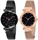 Acnos® Premium Black Round Diamond Dial with Latest Generation Purple & Rosegold Magnet Belt Analogue Watch for Women Pack of - 2 (DM-PURPLE-ROSEGOLD05)...
