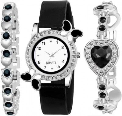 Acnos® Premium White Dial Diamond Pink Analog Watch Love Heart Diamond Bracelet for Girls Best Design Butterfly Combo 3 Pack of 3