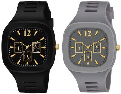 Acnos Square 8 Colours Multi DIAL Strap Analog Silicon Strap ADDI Stylish Designer Analog Watch Combo for Boys Mens Pack of 2