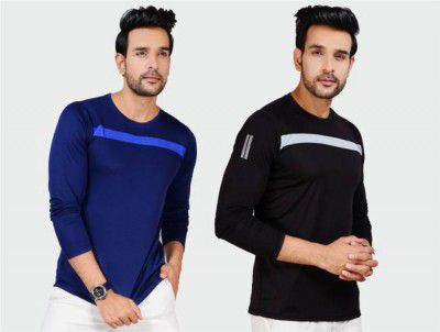 addiz Men Striped Round Neck Polyester Navy Blue T-Shirt