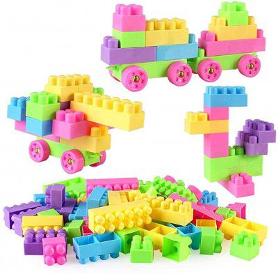 AdiChai Plastic 46 Pcs Blocks Play and Learn Building Blocks , 46 Pcs Including Wheels , Bag Packing, Best Gift Toy, Multicolor