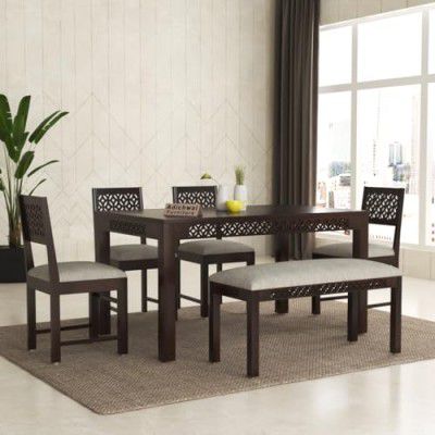 Adichwal Furniture Sheesham Wood 4 Chair with 1 Bench Dining Table Set with Cushioned Chairs for Dining Room | Living Room | Home & Office | t (6 Seater with Bench, Walnut A)