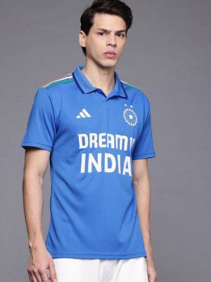 ADIDAS  India Cricket ODI Fan Jersey Men Printed Polo Neck Polyester Blue T-Shirt