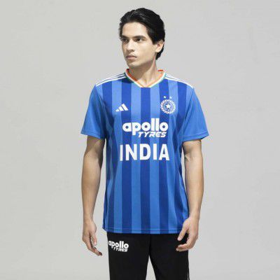 ADIDAS  India T20 International Cricket Fan Jersey Men Striped V Neck Polyester Blue T-Shirt