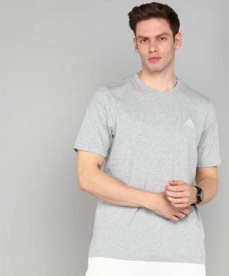 ADIDAS Men Solid Round Neck Cotton Blend Grey T-Shirt