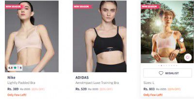 ADIDAS, Nike & more brands Bras upto 85% off starting From Rs.389
