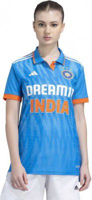 ADIDAS Women Printed Mandarin Collar Polyester Blue T-Shirt