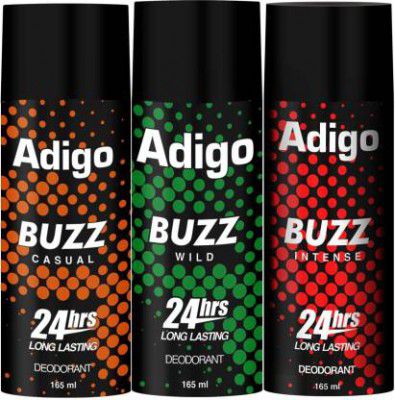 adigo Buzz Wild| Casual | Intense 24hrs Long Lasting Deodorant | 165ml Each (165 ml, Pack of 3)
