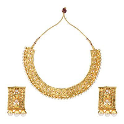 Adiva Pearl White Jewellery Sets Metal Kundans Dulhan Necklace Earrings Traditional