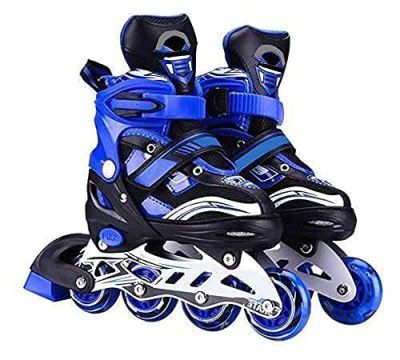 Adjustable Size Inline Skates with LED Flash Light On Wheels for Kids - Age 7 to14 Years (Multicolour - Multidesign, Multicolour-Multidesign, Unisex-Baby) (Blue)a