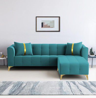 Adorn India Premium Mystic - 3 Years Warranty - L Shape 4 Seater Sofa Set Velvet Suede Fabric - Aqua Blue