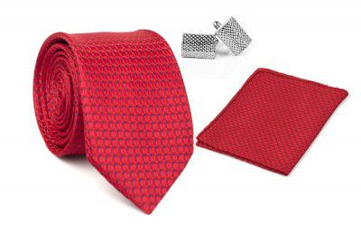 Aeht Mens Necktie, Pocket Square and Cufflink Set 3 inch width, 58 inch length 1370 TPC Red