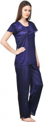 Aely Shine H K Crown Women's Casual Satin U-Neck Half Sleeve Solid Classy Look Top with Pant Nightdress