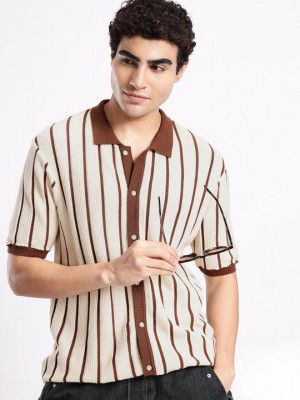 Aeropostale Men Pure Cotton Striped Knitted Regular Fit Shirt