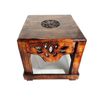 Ag Handicrafts Natural Wood Bedside Table And Stool