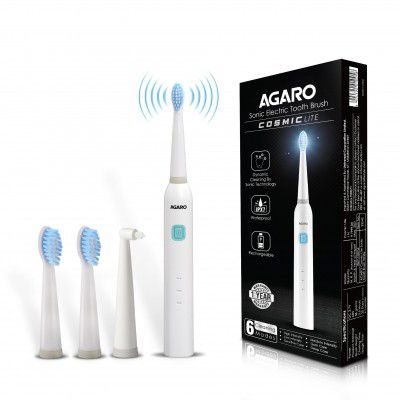 AGARO COSMIC Lite Sonic Electric Toothbrush For Adults With 6 Modes, 3 Brush Heads, 1 Interdental Head And Rechargeable With 3.5 Hours Charge Lasting Upto 25 Days, Power Toothbrush|White
