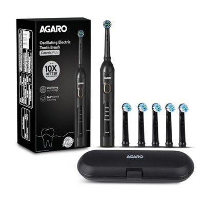AGARO Cosmic Plus Oscillating Tooth Brush for Adults, 4 Modes, Dupont Nylon Soft Bristles, Replaceable brush head, Rechargeable, Power Toothbrush, Black