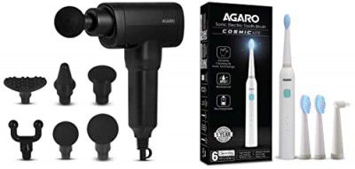 AGARO Impact Electric Gun Massager, Handheld With 6 Massage Heads & COSMIC Lite Sonic Electric Toothbrush for Adults with 6 Modes, 3 Brush Heads, 1 Interdental Head and Rechargeable(White)