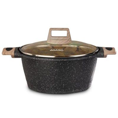 AGARO Imperial Granite Non Stick Casserole with Glass Lid, 4 Litre/24Cm, Cast Aluminium Body, Dark Grey