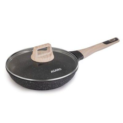 AGARO Imperial Granite Non Stick Frypan with Glass Lid, 1.6L / 24cm, Cast Aluminium Body, Omlette Egg Pan, Fish Fry Pan, Gas & Induction Compatible, Dark Grey