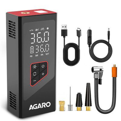 AGARO Regency Cordless Tyre Inflator, Rechargeable, 6000 mAh (3 * 2000) Batteries, Power Bank