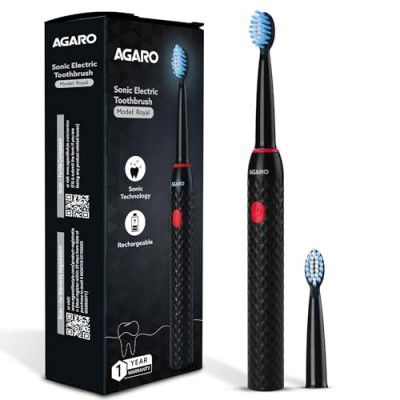 AGARO Royal Sonic Electric Toothbrush for Adults with 3 Modes, 19000 Strokes per minute, 2 Brush Heads, Dupont Soft Nylon Bristles, Black