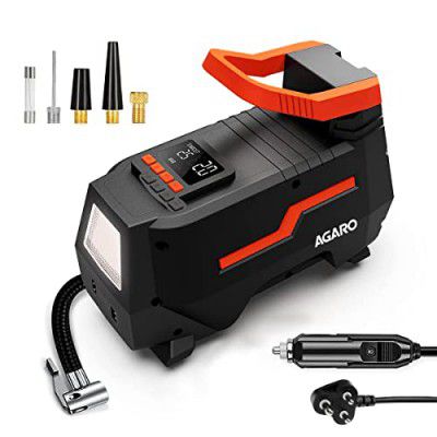 AGARO TI2157 Digital Portable Tyre Inflator/Pressure Gauge, 12V DC/220V AC up to 150 PSI, LED Light, Digital Display, Bike, Bicycles and Other Inflatables (Black)