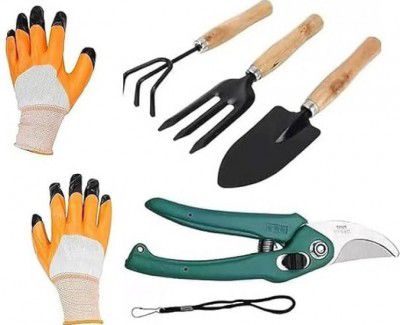 AGT 3PCS Wooden Handle Cultivator Free Rubber Hand Gloves Garden Tool Kit (5 Tools)