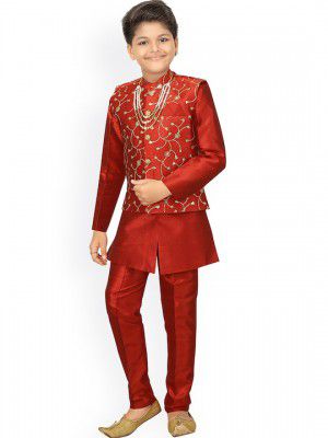 ahhaaaaBoys Maroon Self Design Sherwani With Waistcoat Set