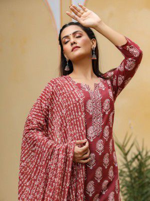 AHIKA Women Burgundy & Off-White Printed Kurta with Trousers & Dupatta
