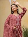 AHIKA Women Burgundy & Off-White Printed Kurta with Trousers & Dupatta...