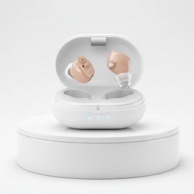Aika AG-7901 Mini Rechargeable CIC Digital Hearing Aid Sound Amplifier Machine for Old age with Auto Noise Cancellation, Clear Sound and Dry Kit (For Both Ear, Beige)