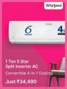 Whirlpool 1 Ton 5 Star Split Inverter Air Conditioner @ ₹ 34,490 in Flipkart Big Billion Days Sale ...
