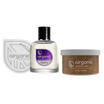 Airganic Aroma Car Freshener Combo Pack – Fine Spray Mystery & Aroma Cube Swiss Wood air fragrance