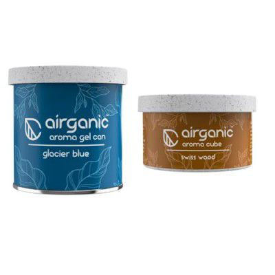 Airganic Aroma Car Freshener Combo Pack – Gel Can Glacier Blue & Aroma Cube Swiss Wood air fragrance