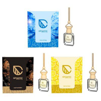 AIRGANIC Aroma Swing Combo Offer: Lemon Bee, Oud wonder & Snow Smog | Aroma with Essential Oils in Glass Bottle with Wooden Diffuser Lid| Car Hanging Accessories| Car Accessories Interior