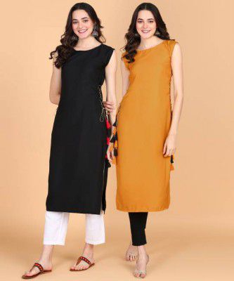 Aiza collection  Women Solid Viscose Rayon Straight Kurta  (Black, Yellow)