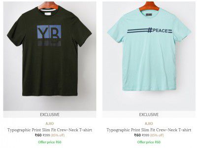 Ajio Loot: Men's T-shirts from ₹60 