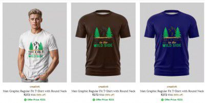 Ajio Loot : Upto 70% Off On Creativit Mens T-shirt Starts At ₹272