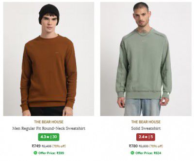 Ajio : Upto 73% Off | The Bear House Mens Sweatshirt & hoodies Starts at Rs 749