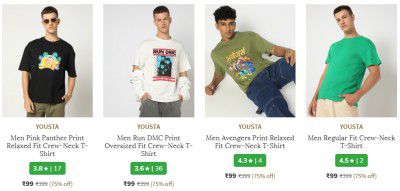 Ajio: Flat 70% OFF | YOUSTA Men's T-Shirt Starts at Rs 139